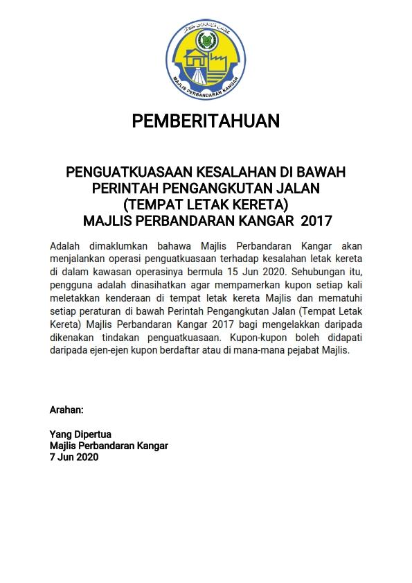 PEMBERITAHUAN PENGUATKUASAAN KESALAHAN DIBAWAH PERINTAH PENGANGKUTAN JALAN (TEMPAT LETAK KERETA) MAJLIS PERBANDARAN KANGAR 2017